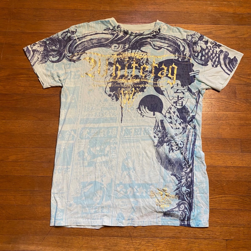 White Tag Geisha Japanese Graphic All Over Print T-Shirt Blue Gold Y2K  Mens XXL